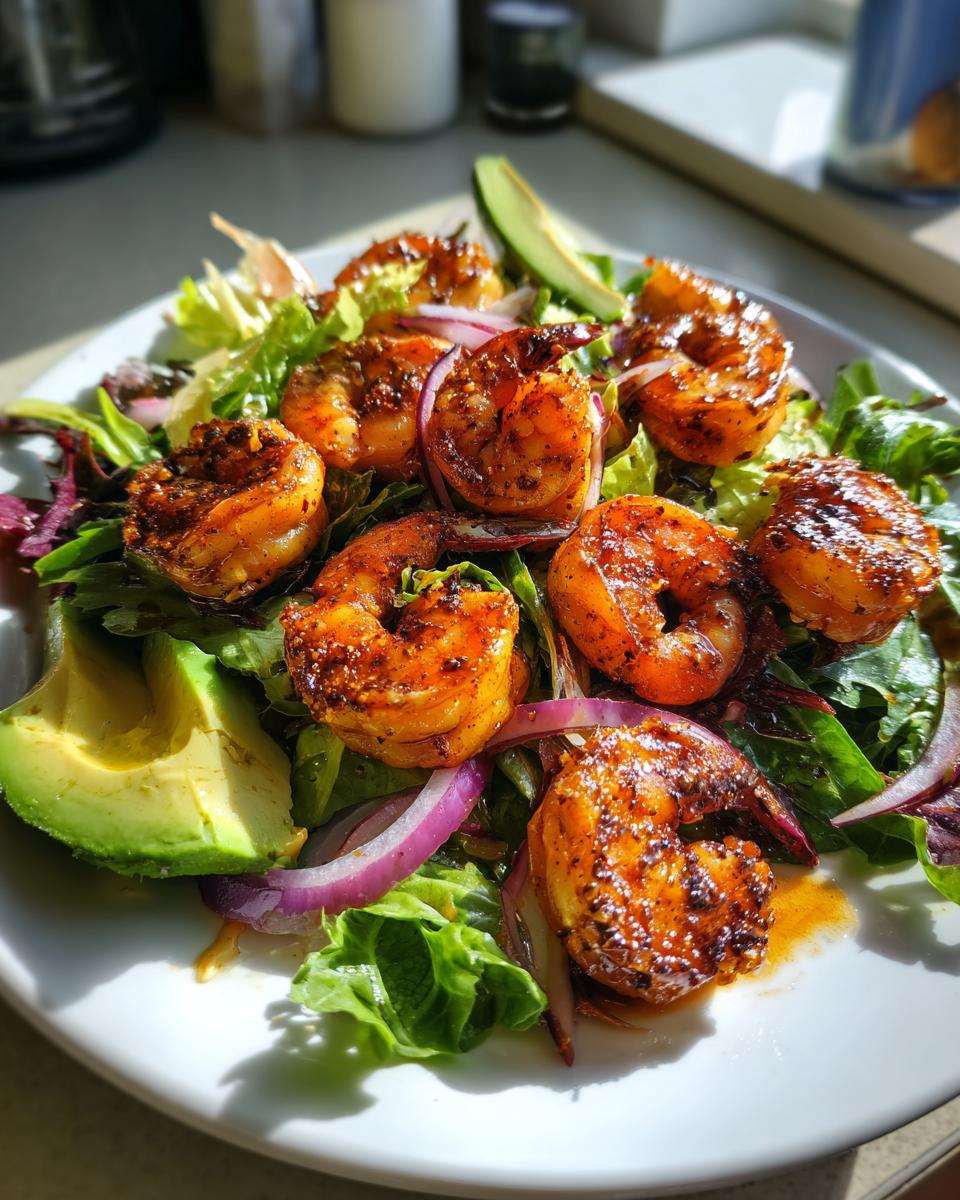 Plate of grilled shrimp salad with citrus dressing, avocado slices, red onion, and mixed greens.