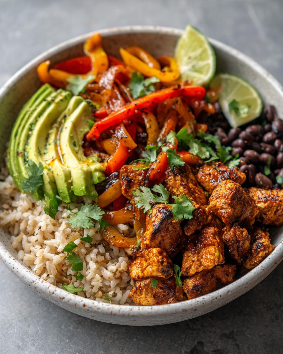Bowl with healthy chicken fajita bowl with peppers, rice, avocado, black beans, and lime wedges.