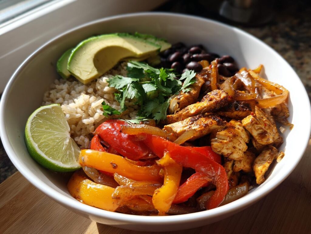Bowl of healthy chicken fajita bowl with peppers, rice, avocado, black beans, lime, and cilantro