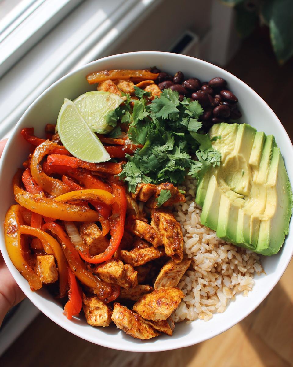 Healthy chicken fajita bowl with peppers, avocado slices, brown rice, black beans, cilantro, and lime wedges.