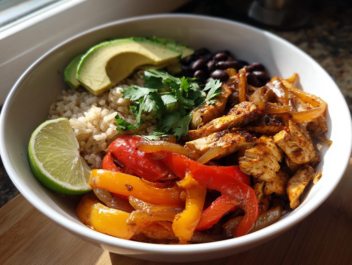 Bowl of healthy chicken fajita bowl with peppers, rice, avocado, black beans, lime, and cilantro