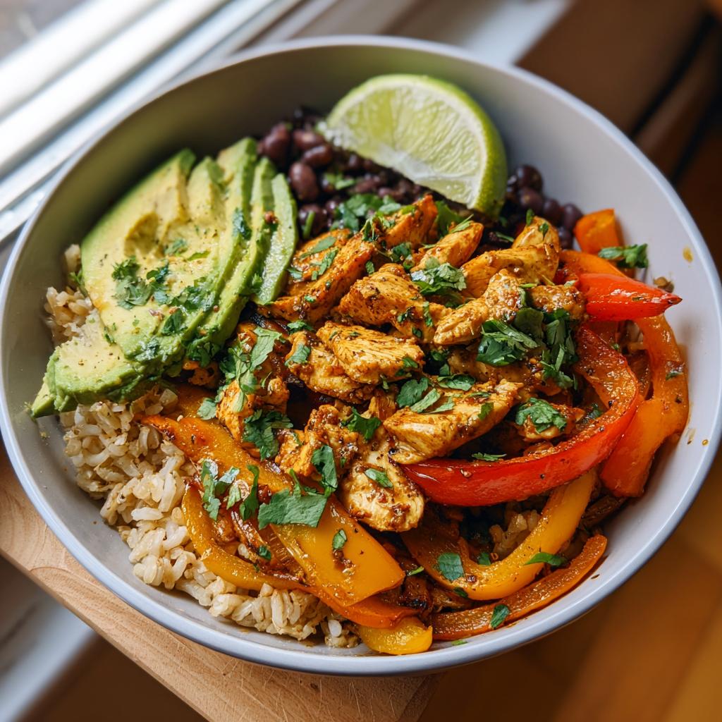 Bowl with healthy chicken fajita bowl with peppers, avocado slices, black beans, rice, and lime wedge