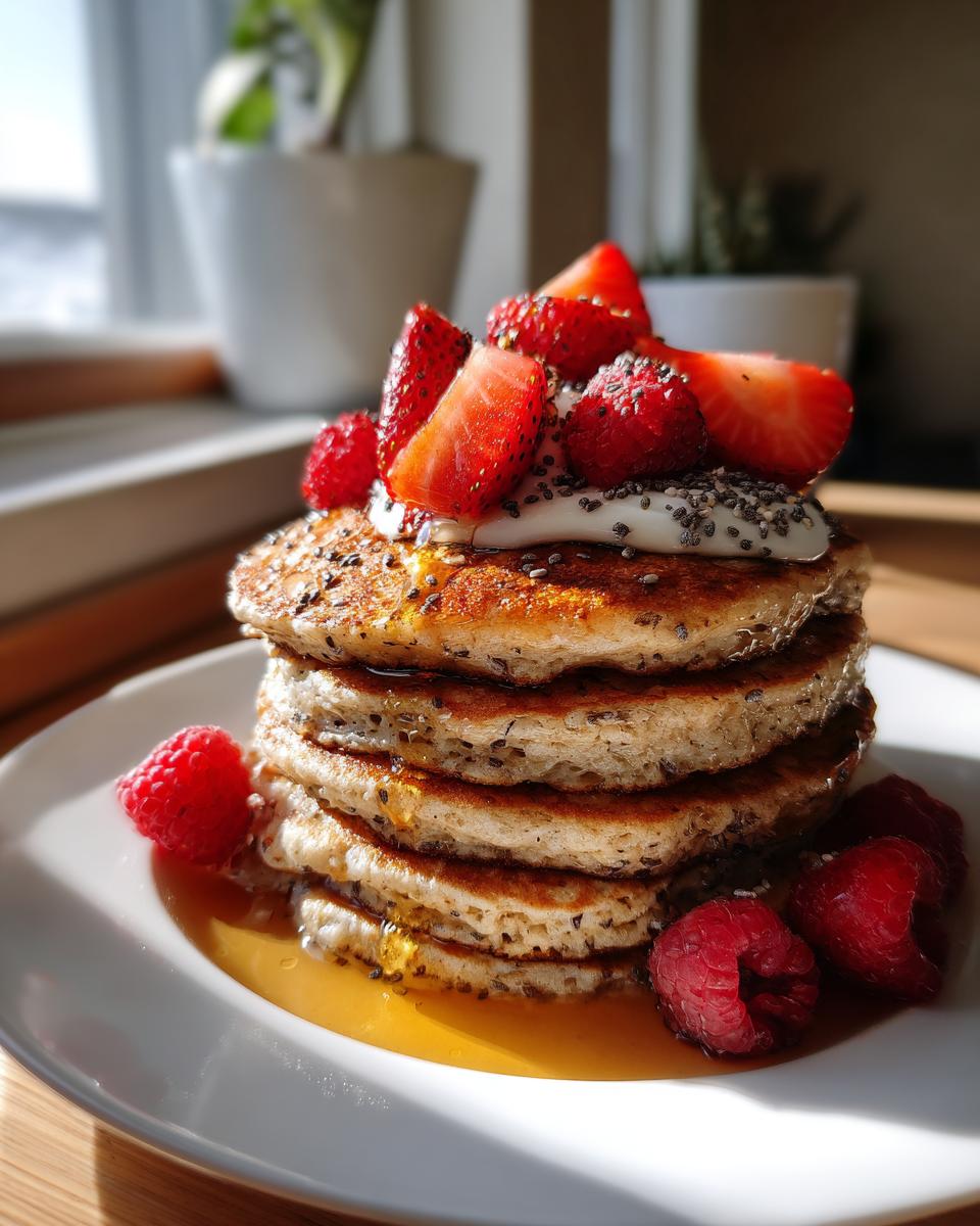 Stack of healthy pancakes topped with strawberries, raspberries, yogurt, and chia seeds