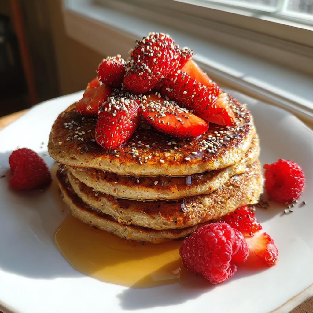 Stack of healthy pancakes topped with strawberries, raspberries, chia seeds, and syrup on a white plate.
