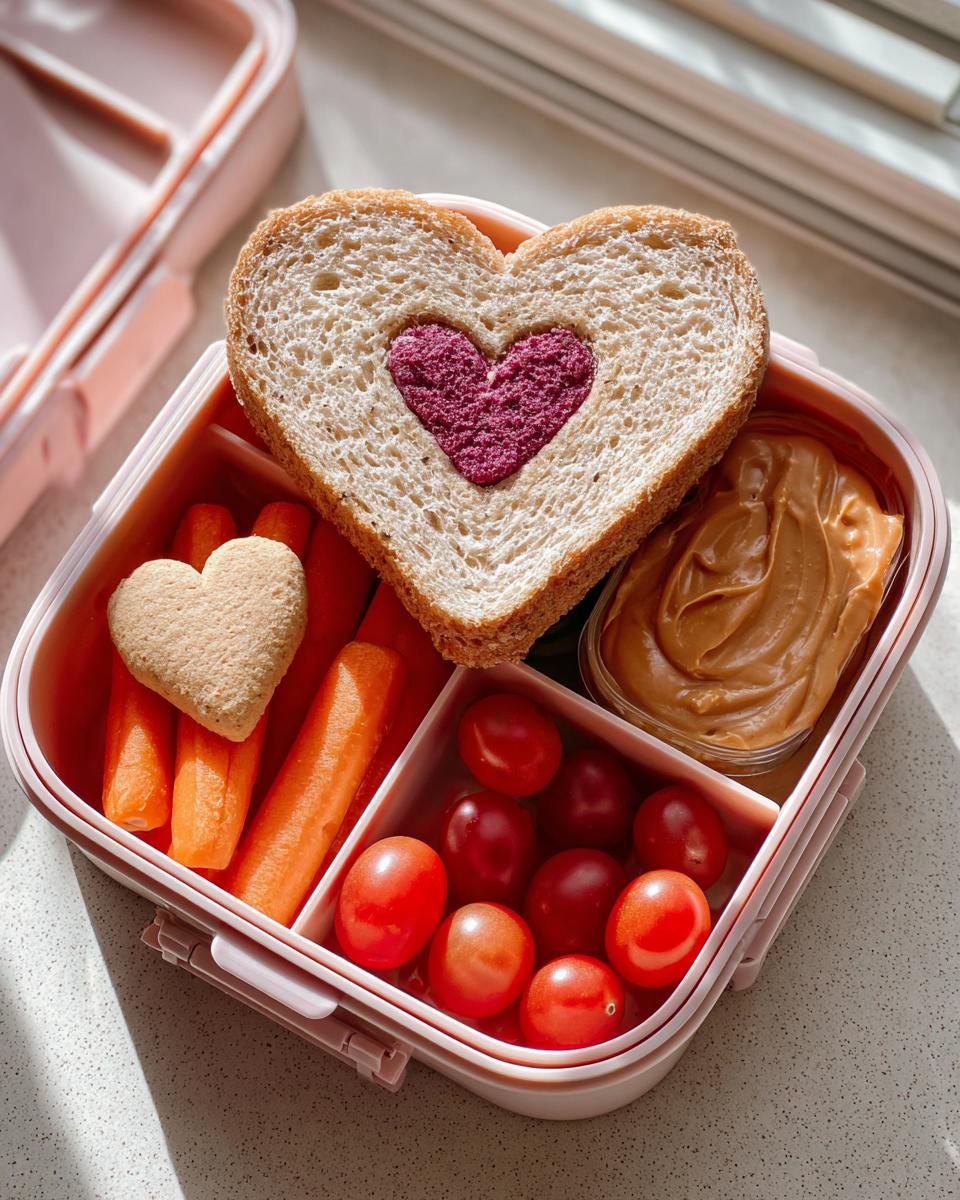 Cute valentines lunchbox ideas for school with heart-shaped sandwich, carrots, cherry tomatoes, and peanut butter dip.