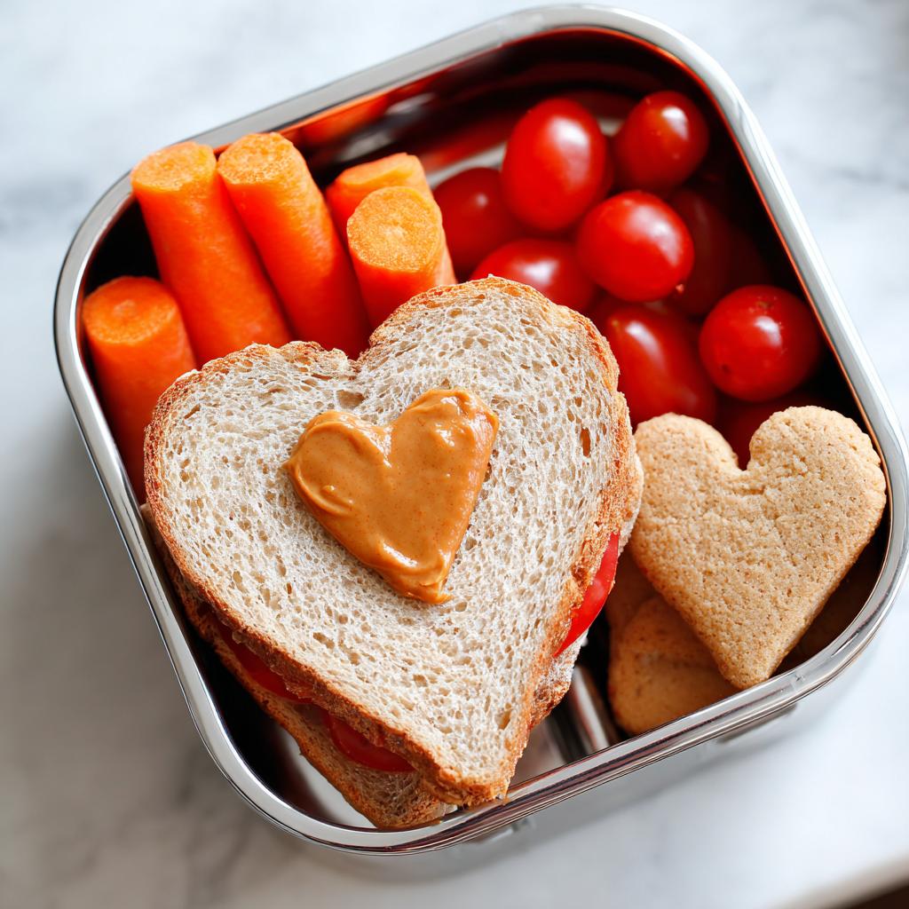 Heart-shaped sandwich with peanut butter, carrots, cherry tomatoes, and heart cookies in lunchbox