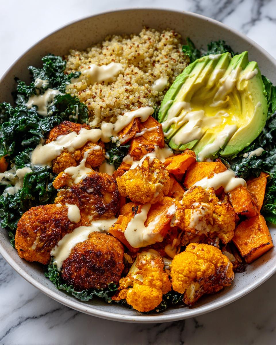 Buddha bowl with roasted veggie, quinoa, kale, avocado, and creamy dressing.