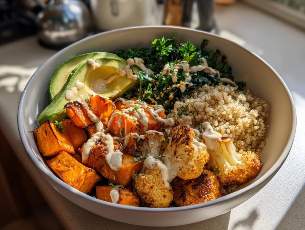 Buddha bowl with roasted cauliflower, sweet potatoes, avocado, kale, quinoa, and tahini drizzle