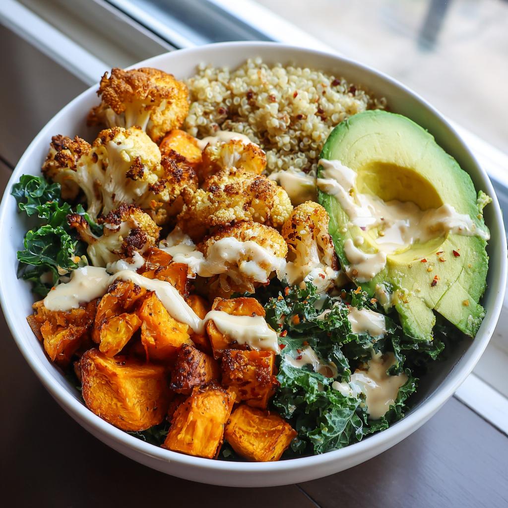 Buddha bowl with roasted veggie including cauliflower, sweet potato, quinoa, kale, avocado, and creamy dressing