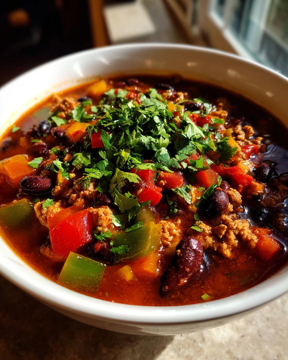 Bowl of turkey and bean chili with colorful veggies topped with fresh chopped herbs