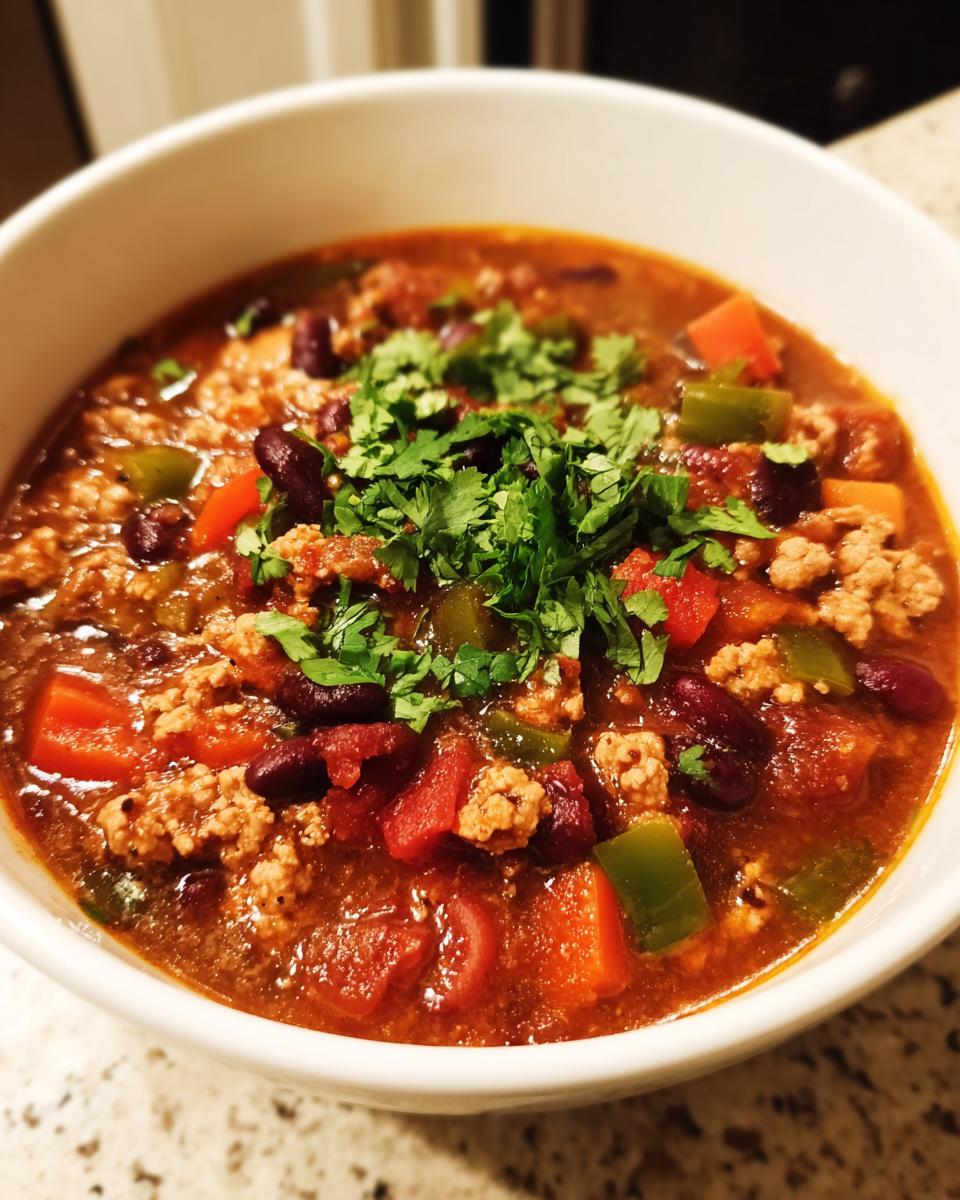 Bowl of turkey and bean chili with veggies topped with fresh chopped cilantro