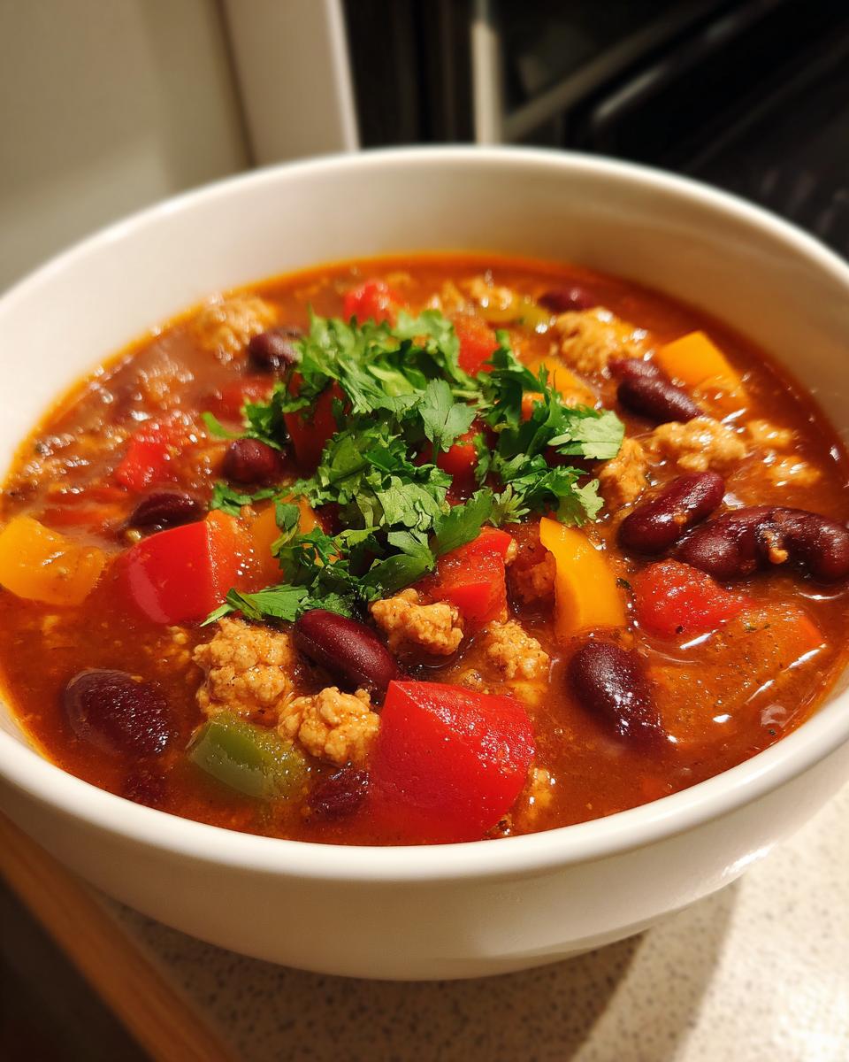 Bowl of turkey and bean chili with colorful veggies and fresh cilantro garnish