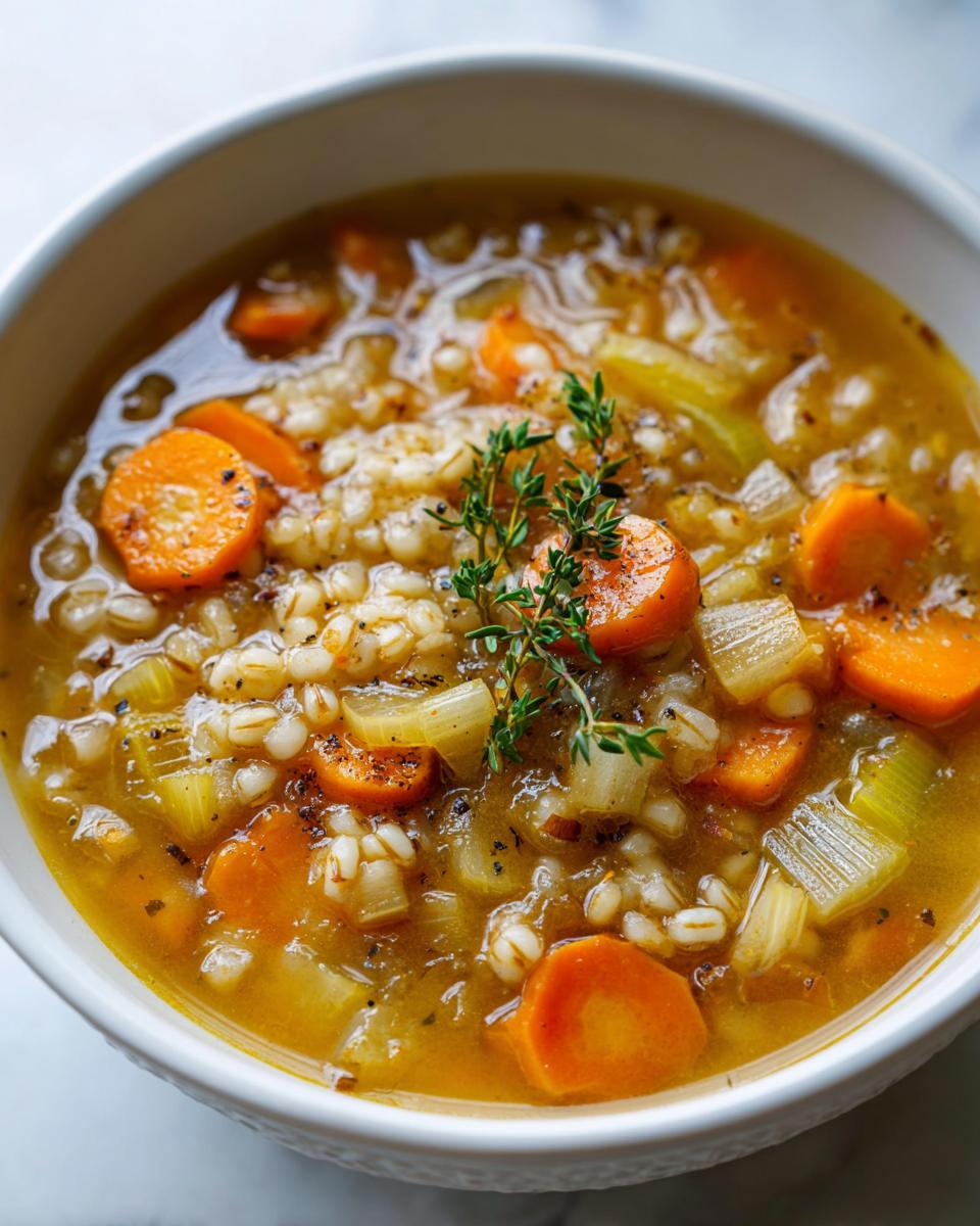 Bowl of hearty vegetable barley soup with carrots, celery, and herbs, perfect cozy winter soup recipes for february