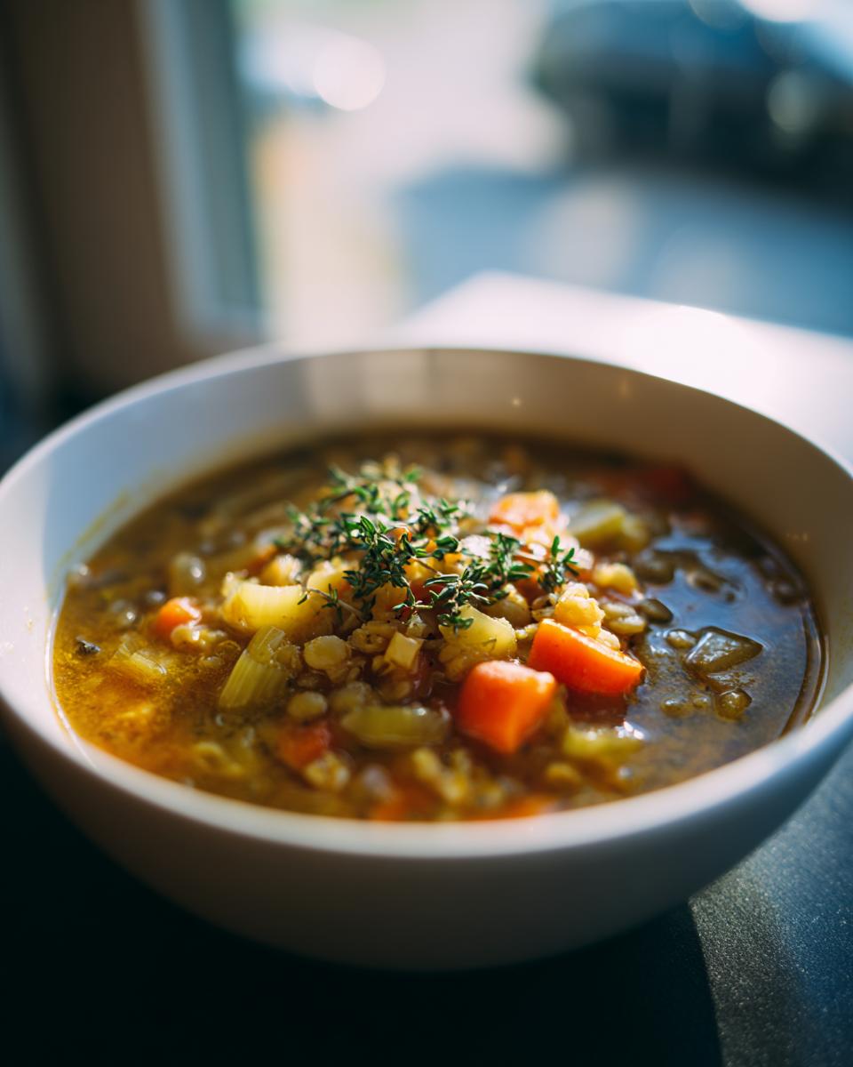 Bowl of hearty vegetable soup with carrots, celery, and herbs for cozy winter soup recipes for February