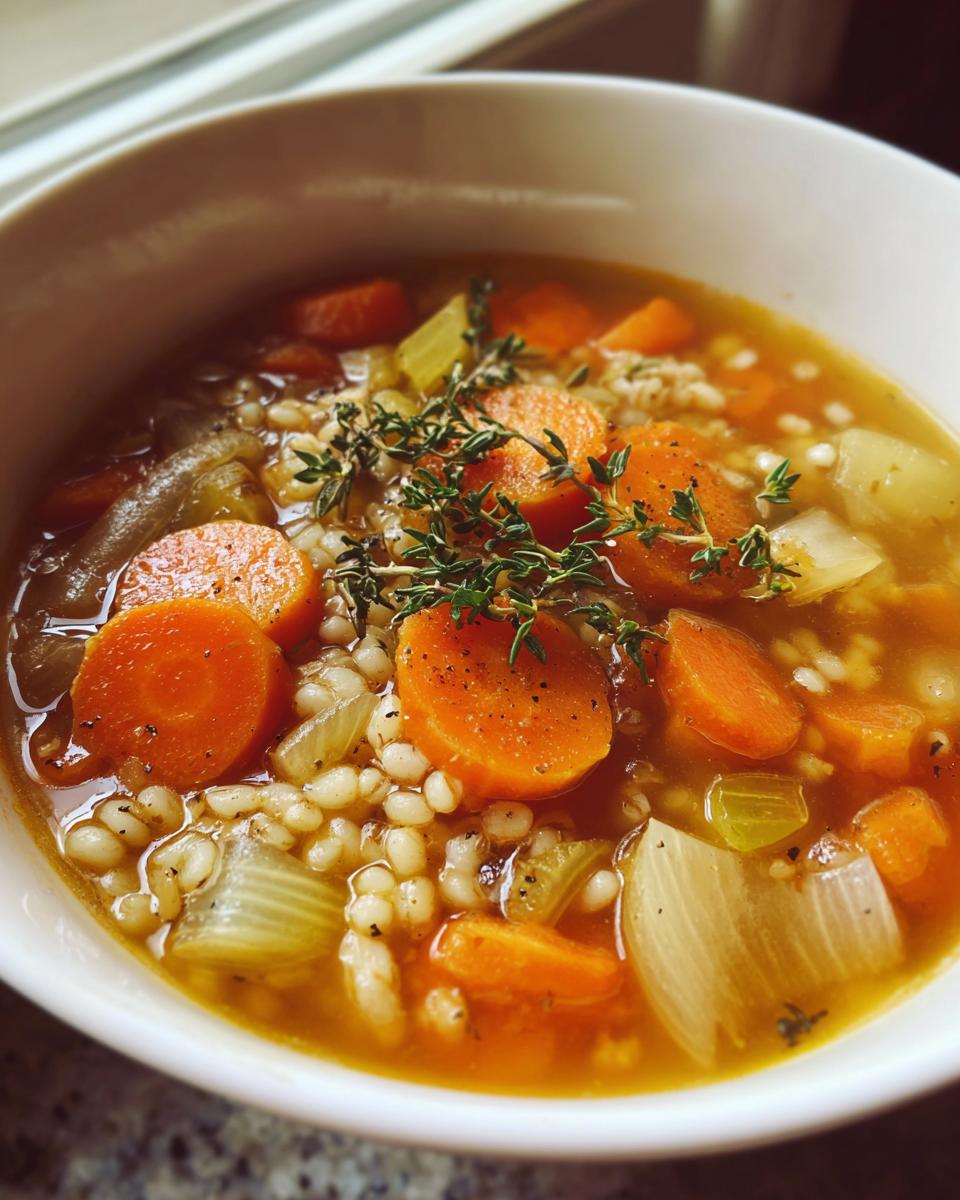Bowl of hearty vegetable soup with carrots, onions, barley, and fresh thyme, cozy winter soup recipes for february