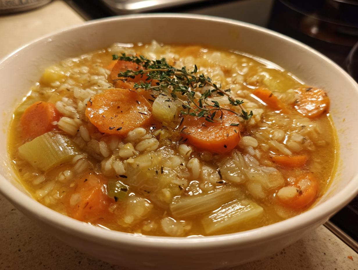 Bowl of hearty vegetable soup with carrots, celery, barley, and herbs, perfect cozy winter soup recipes for february