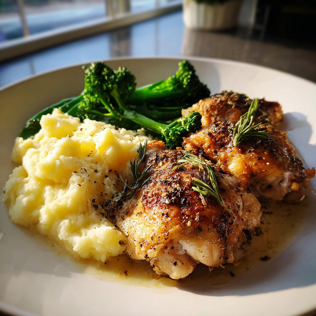 Plate with herb-seasoned roasted chicken thighs, mashed potatoes, and steamed broccolini for february cozy date night dinner recipes