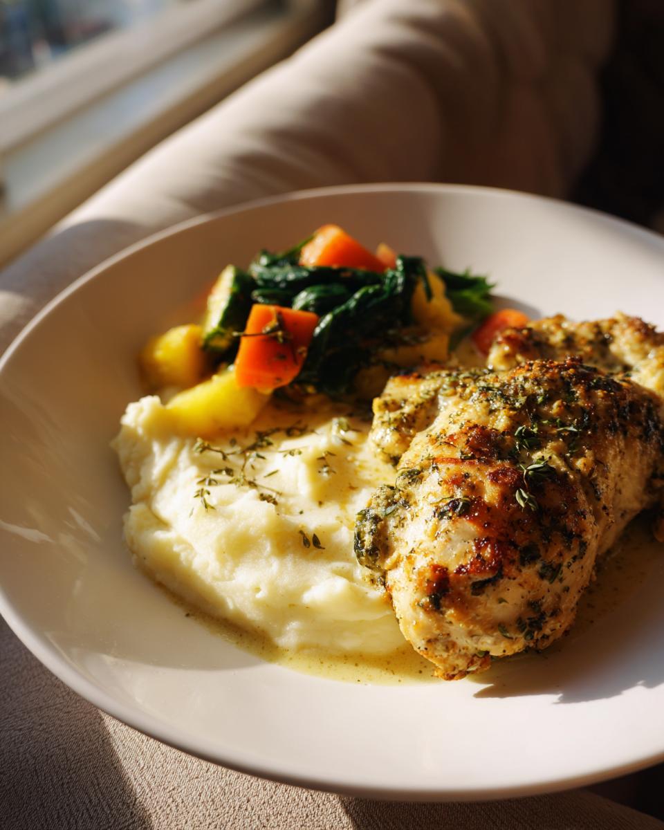 Plate of herb-seasoned chicken breast with mashed potatoes and sautéed vegetables, perfect for february cozy date night dinner recipes.