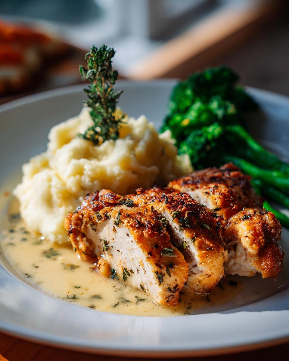 Herb-crusted chicken breast with creamy mashed potatoes and steamed broccoli on a white plate