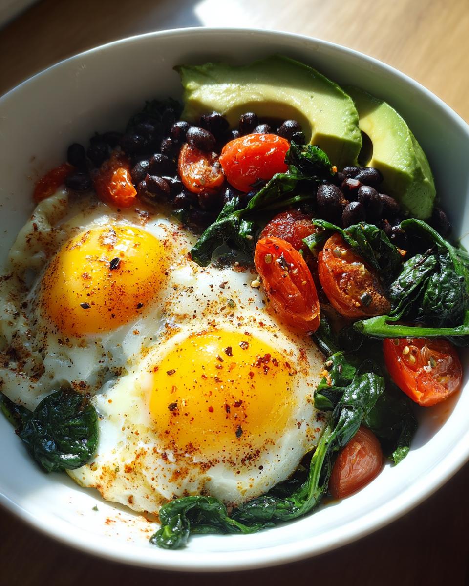 High protein breakfast bowl with eggs, black beans, spinach, cherry tomatoes, and avocado slices.