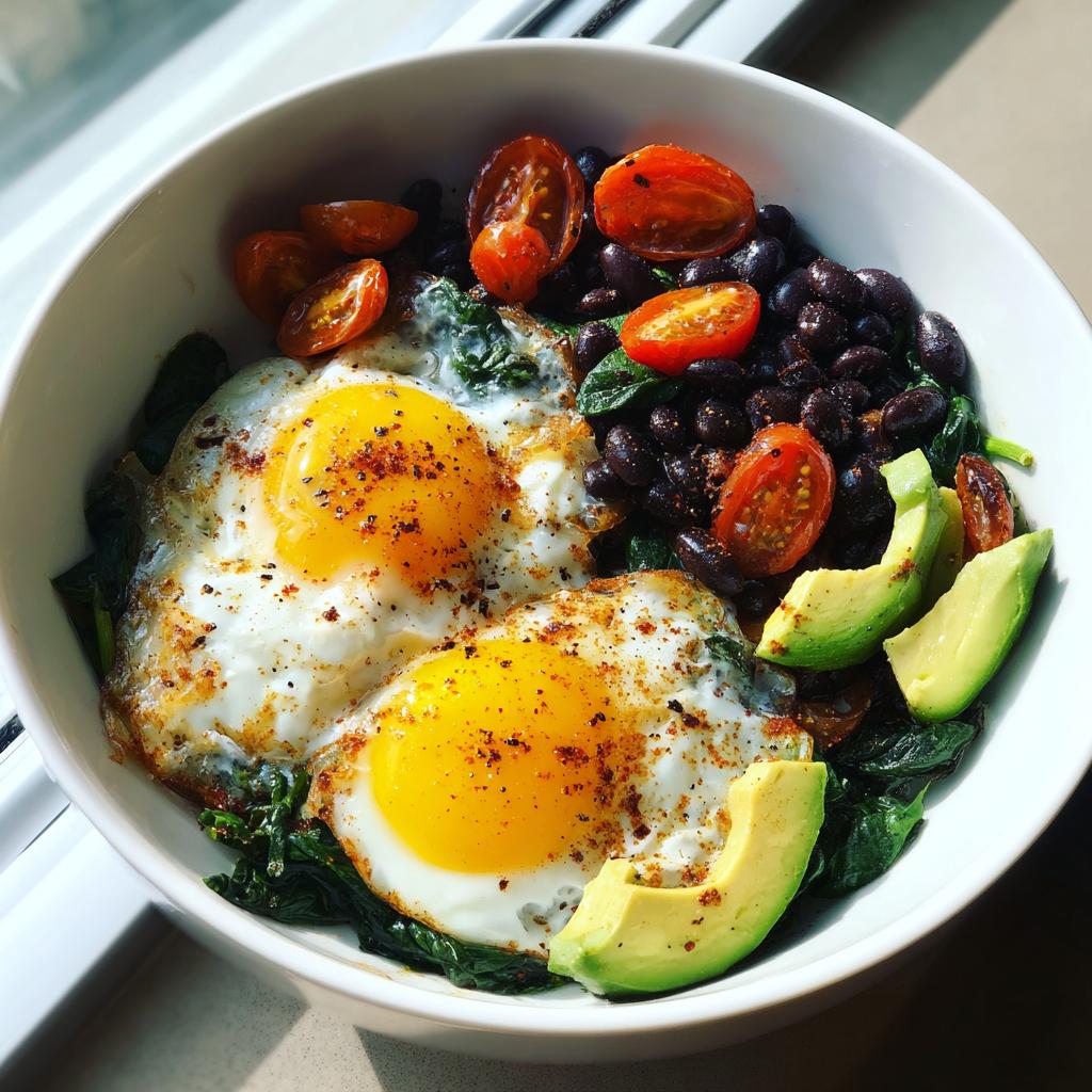 High protein breakfast bowl with eggs, black beans, avocado, spinach, and cherry tomatoes.