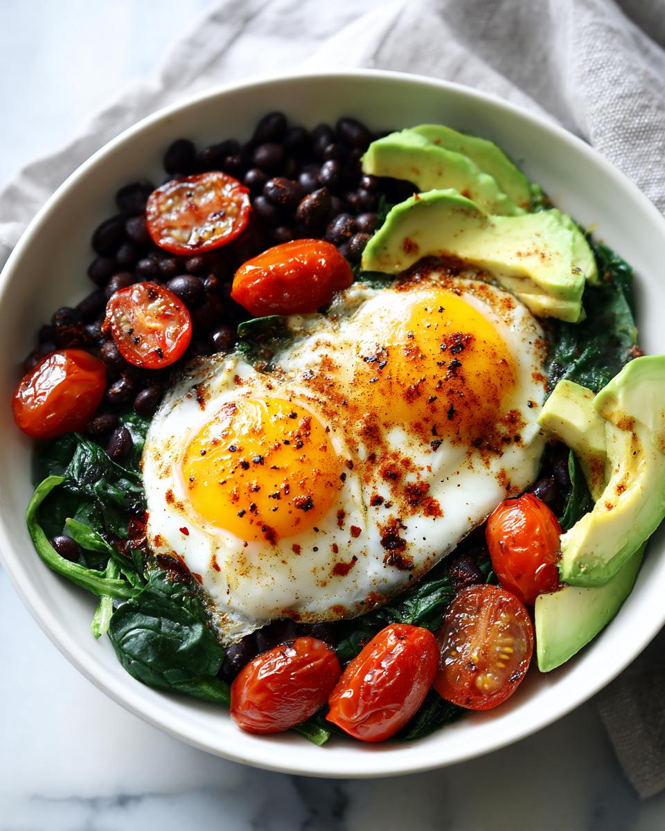 High protein breakfast bowl with eggs, black beans, roasted tomatoes, spinach, and avocado slices.