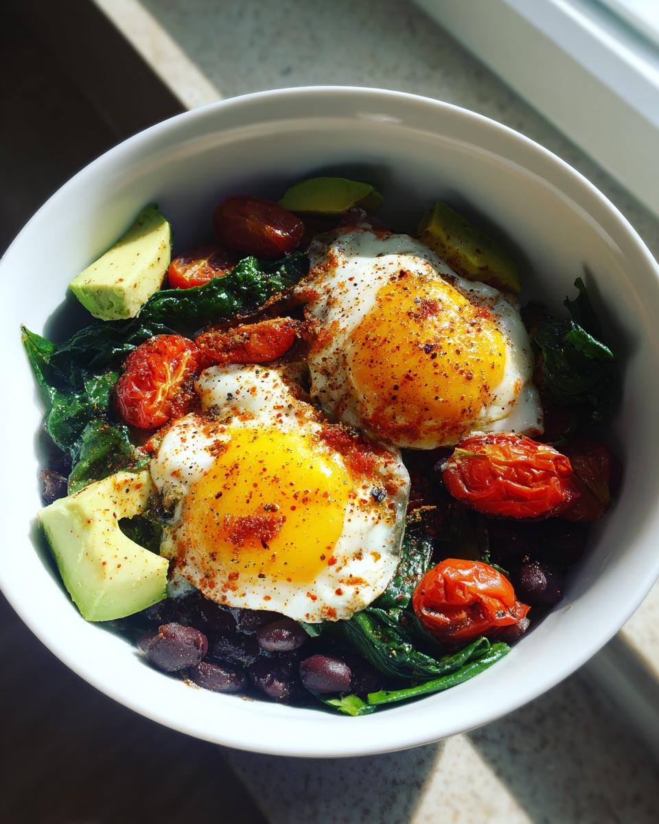 High protein breakfast bowl with eggs, avocado, spinach, black beans, and roasted tomatoes.