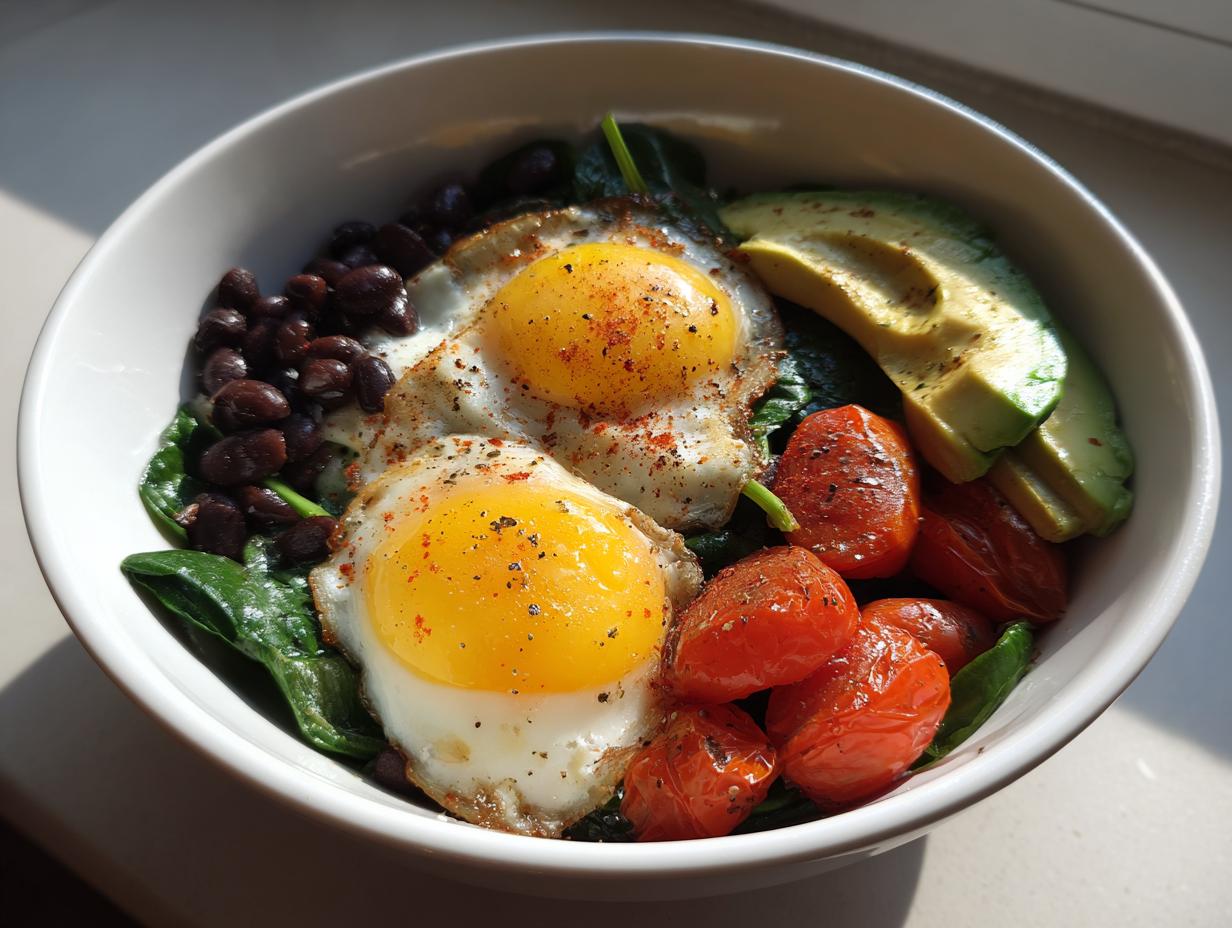High protein breakfast bowl with eggs, black beans, avocado, spinach, and roasted tomatoes