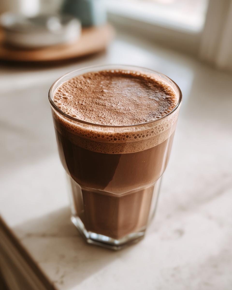 Close-up of a glass filled with frothy high protein chocolate smoothie on a marble surface.