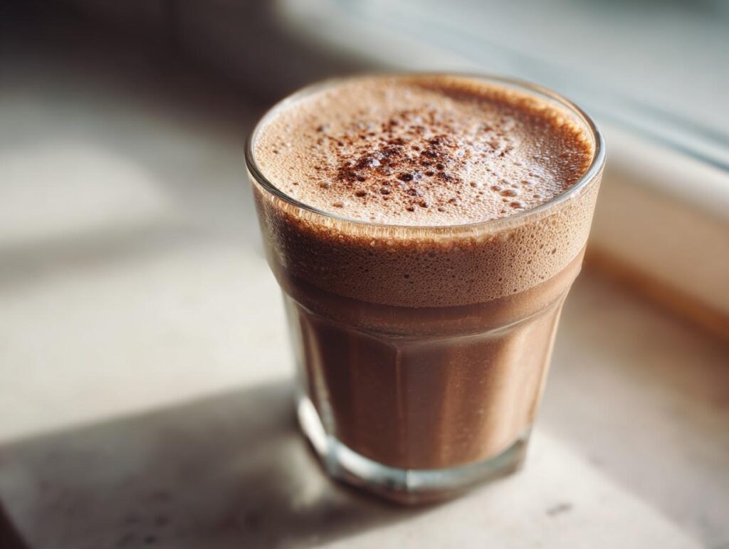 Glass filled with frothy high protein chocolate smoothie topped with cocoa powder.
