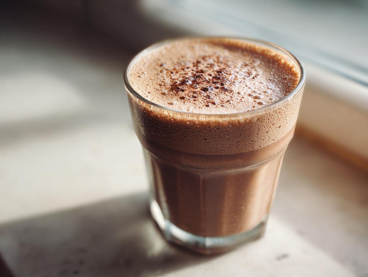 Glass filled with frothy high protein chocolate smoothie topped with cocoa powder.
