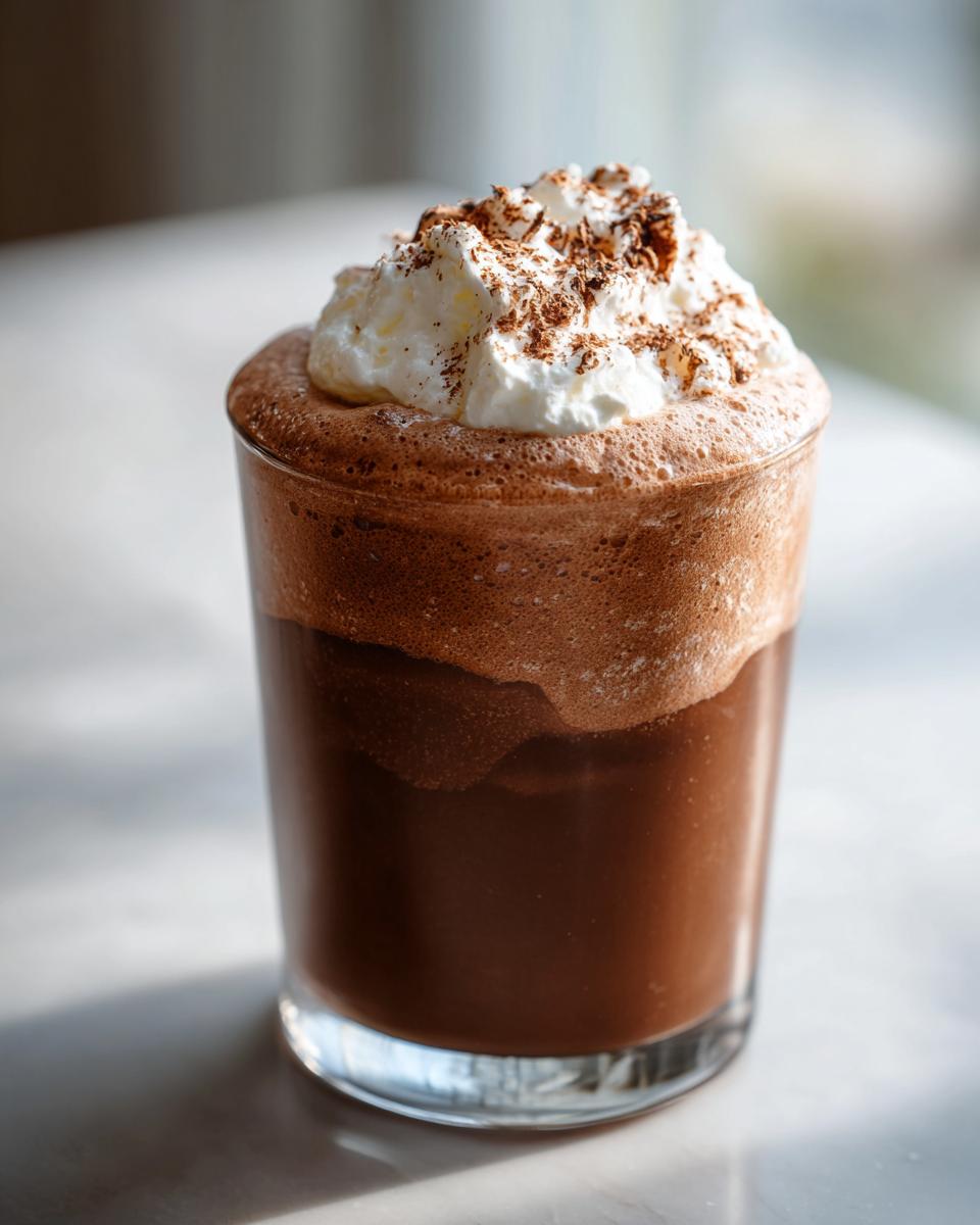 Glass of high protein chocolate smoothie topped with whipped cream and chocolate shavings