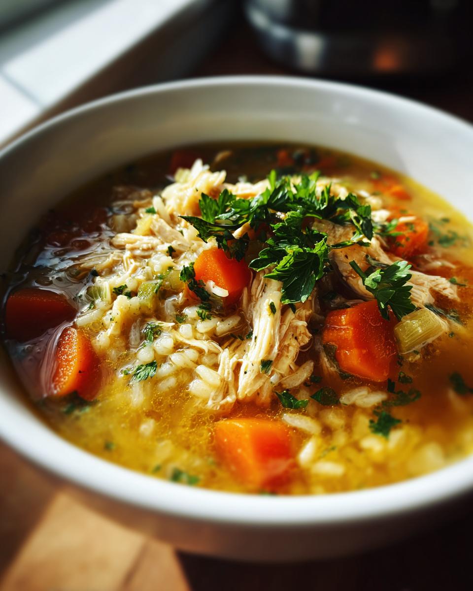 Bowl of instant pot chicken and brown rice soup with carrots and fresh herbs