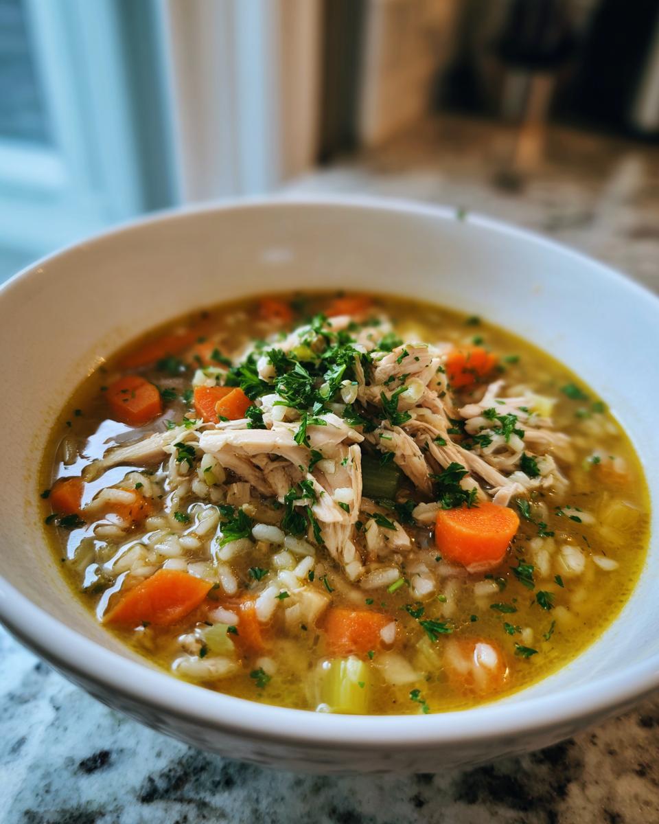 Bowl of instant pot chicken and brown rice soup with carrots and herbs on top