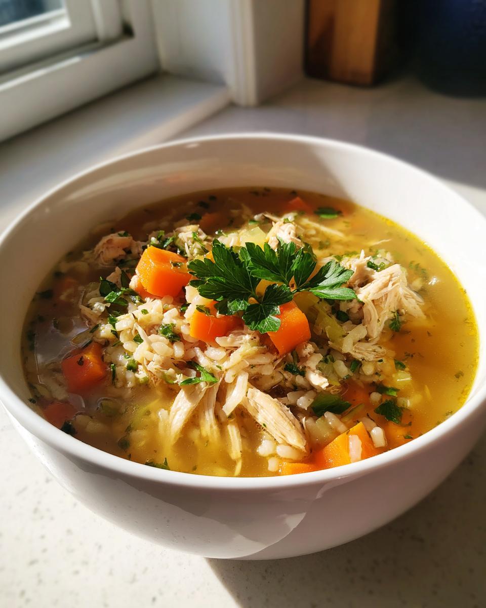 Bowl of instant pot chicken and brown rice soup with carrots and parsley garnish