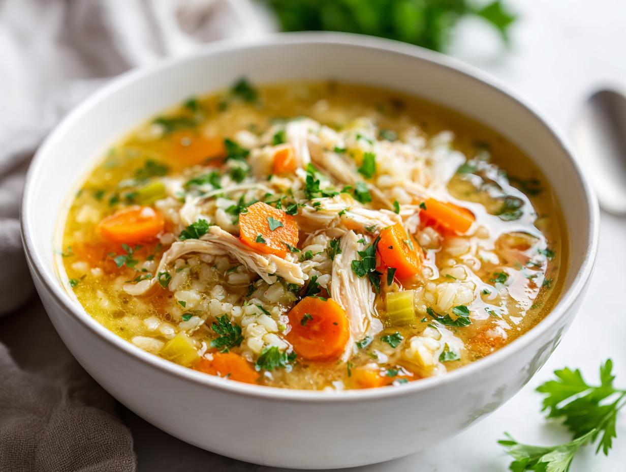Bowl of instant pot chicken and brown rice soup with carrots and parsley garnish