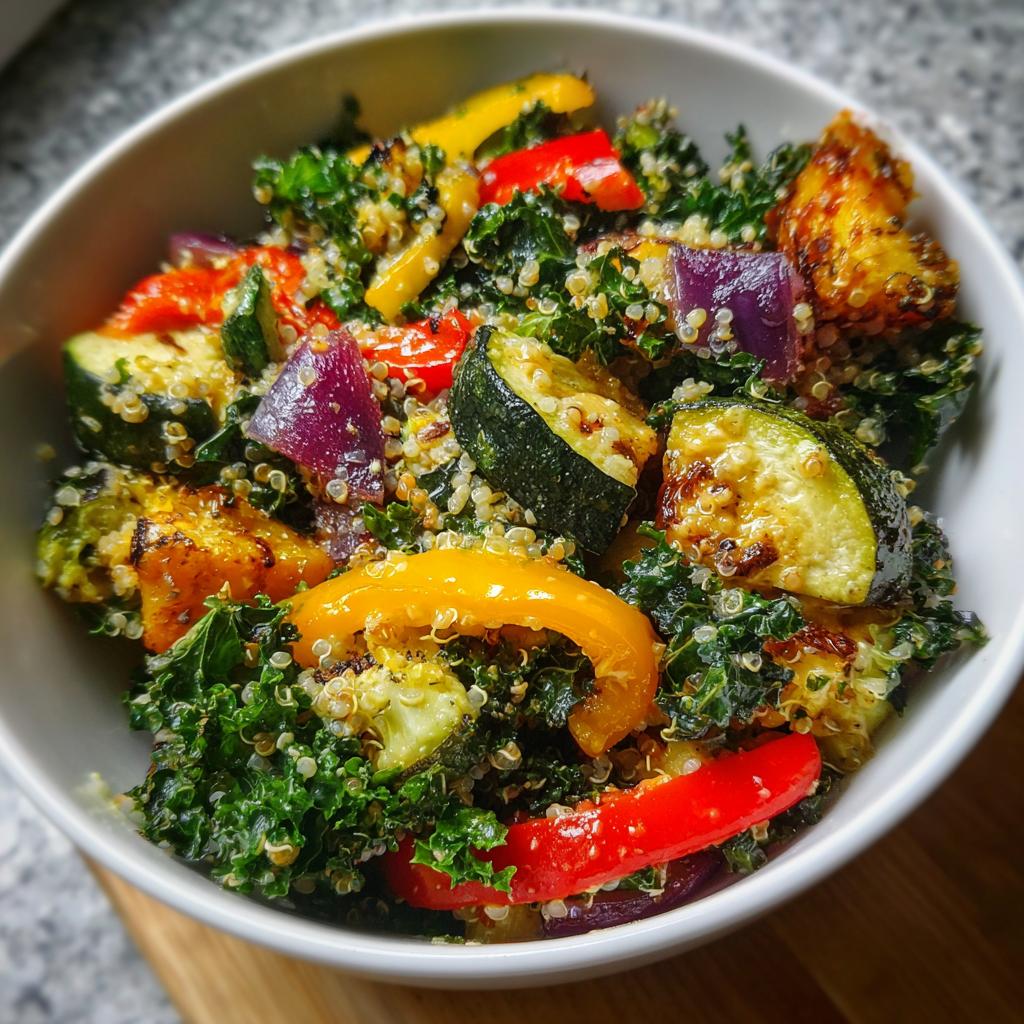 Bowl of kale quinoa salad with roasted vegetables including zucchini, bell peppers, and red onions