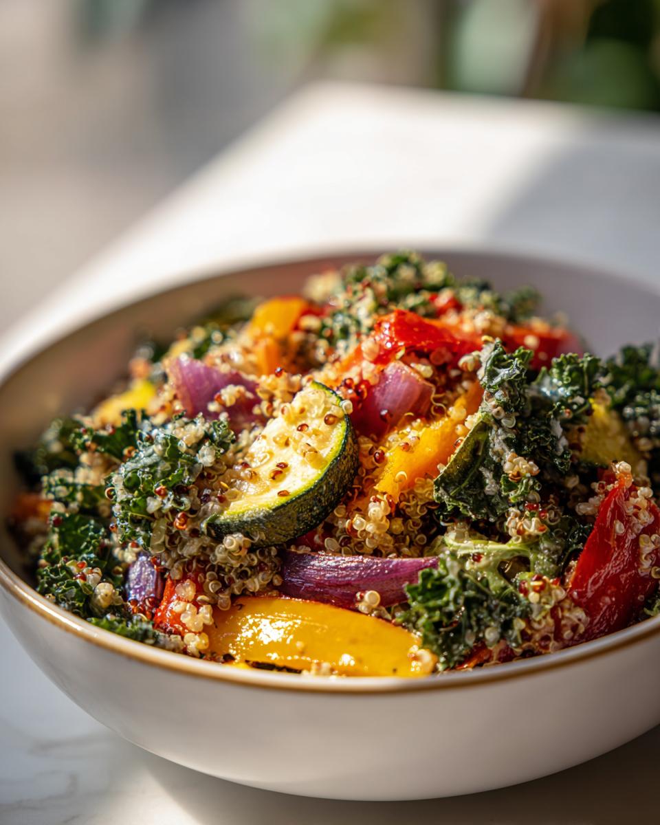 Bowl of kale quinoa salad with roasted zucchini, red onion, bell peppers, and kale leaves.