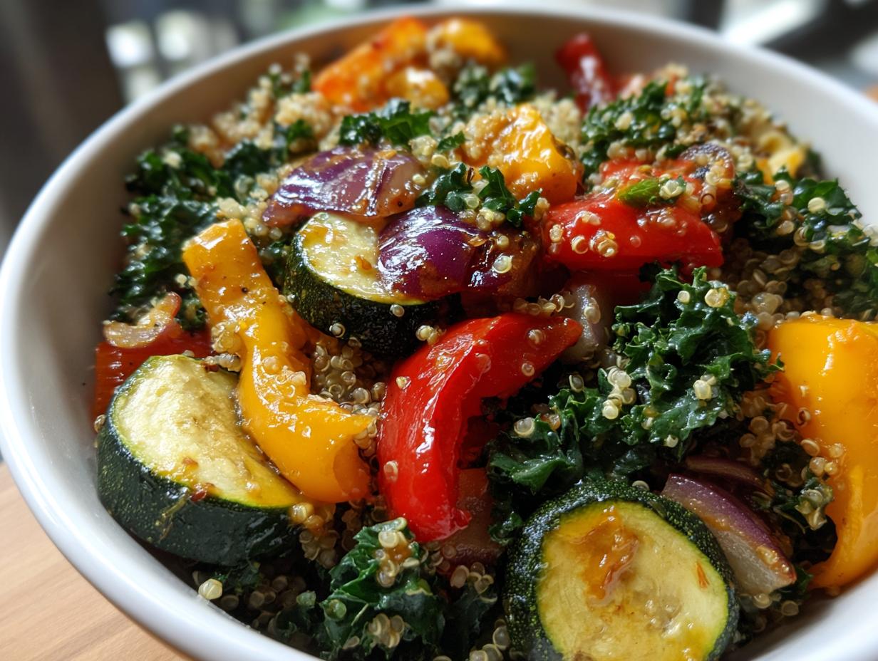 Bowl of kale quinoa salad with roasted vegetables including zucchini, bell peppers, and red onion.