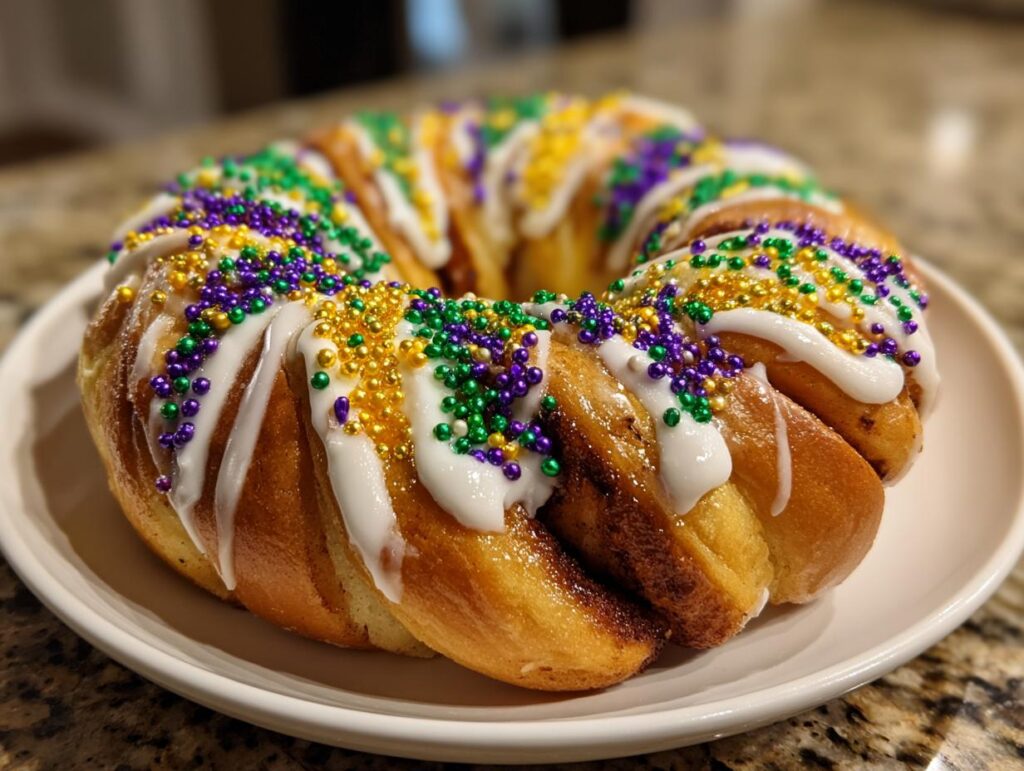 King cake decorated with white icing and purple, green, and gold beads for Mardi Gras party food ideas easy