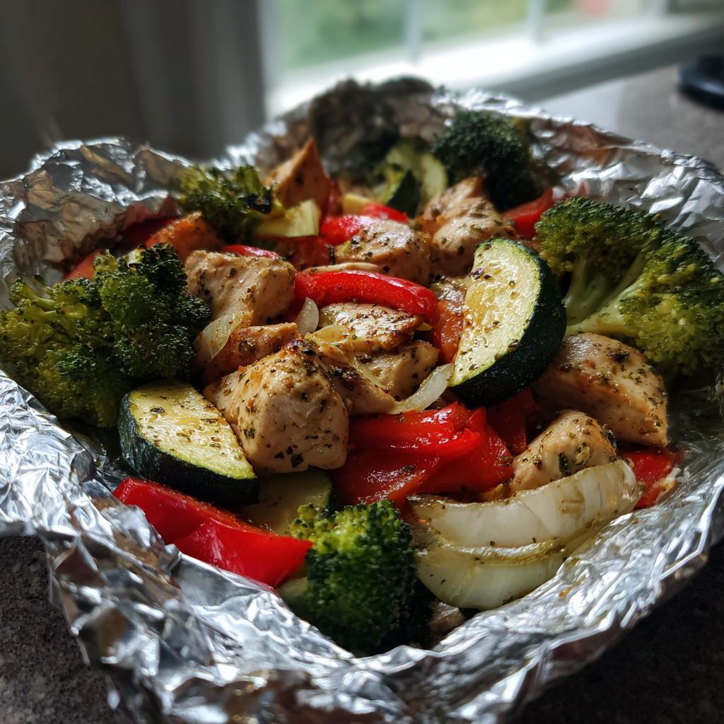 Foil packet filled with lemon garlic chicken and veggie foil packets including broccoli, zucchini, red peppers, and onions.