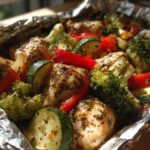 Close-up of lemon garlic chicken and veggie foil packets with broccoli, zucchini, and red bell pepper
