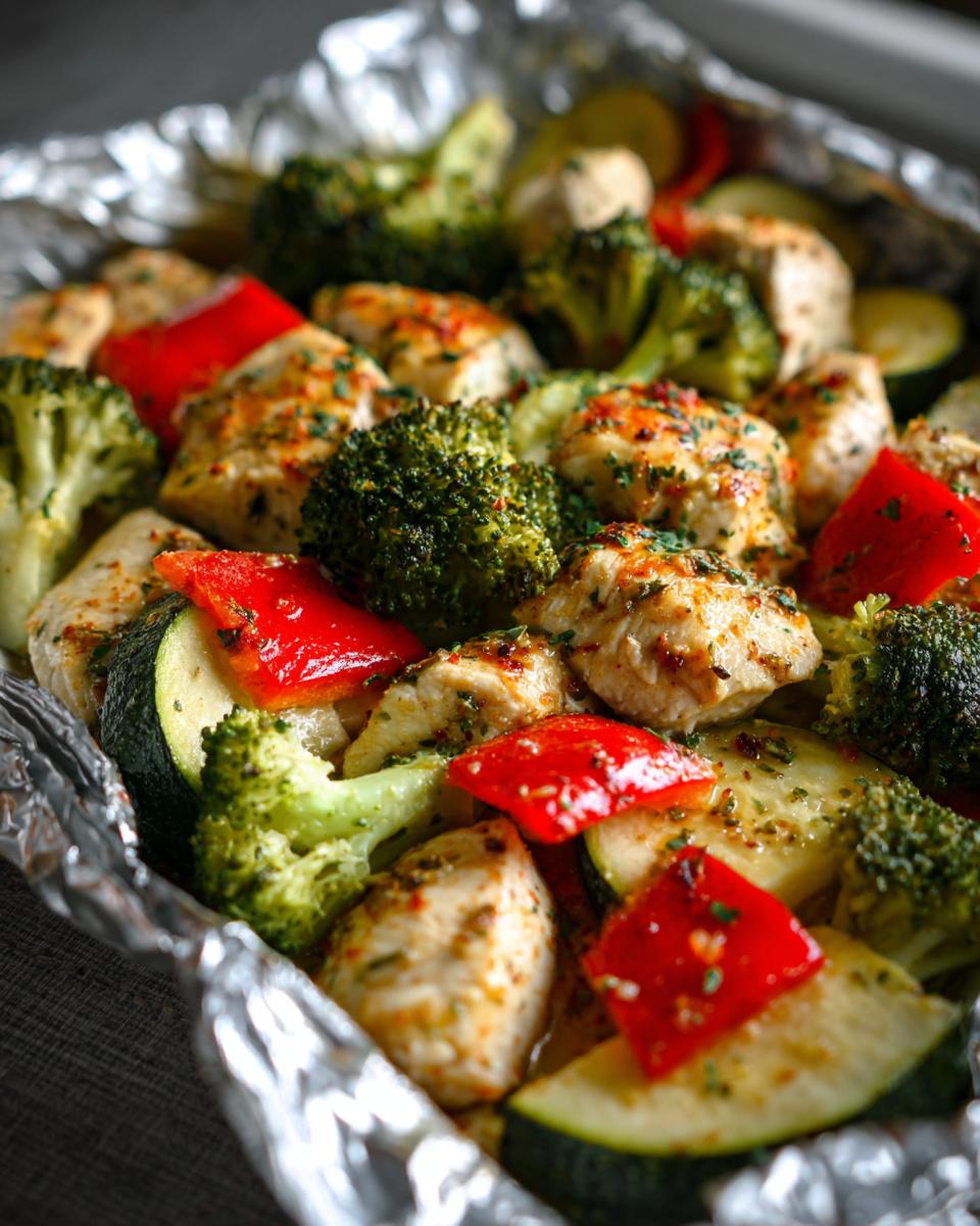 Close-up of lemon garlic chicken and veggie foil packets with broccoli, zucchini, and red bell pepper.
