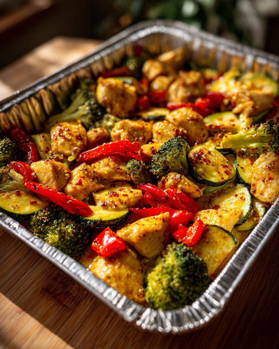 Cooked lemon garlic chicken and veggie foil packets with broccoli, zucchini, and red peppers in foil tray.