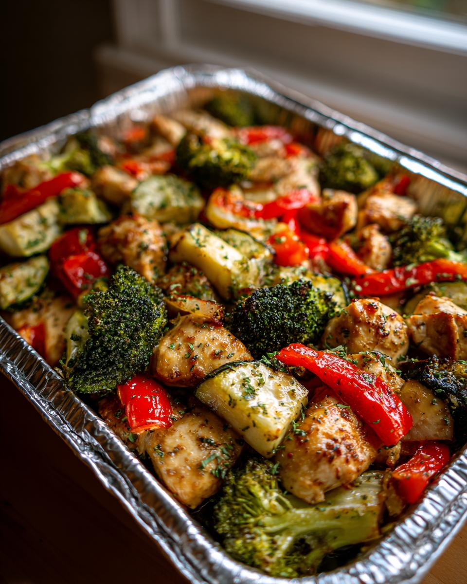 Cooked lemon garlic chicken and veggie foil packets with broccoli, red peppers, and zucchini in foil tray.