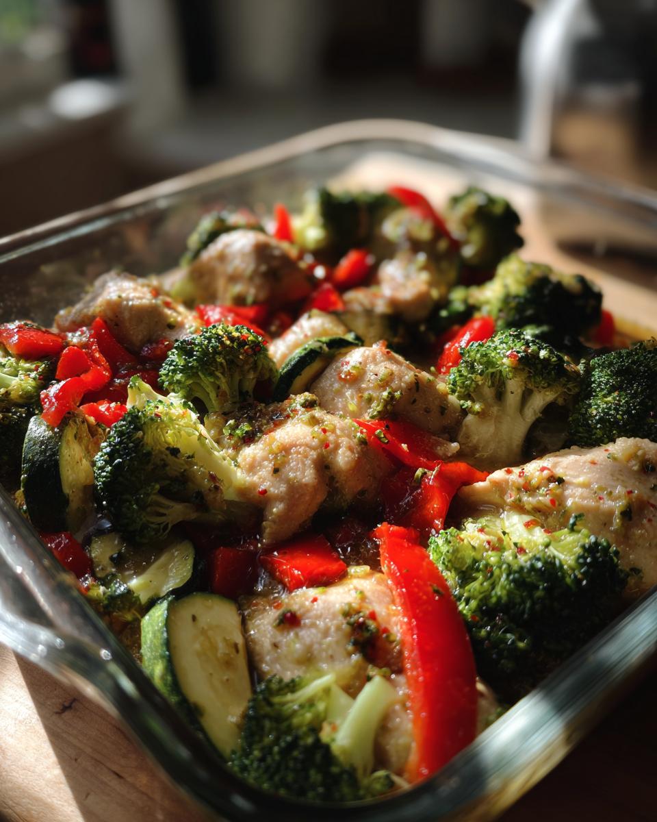 Close-up of lemon garlic chicken and veggie foil packets with broccoli, red peppers, and zucchini.