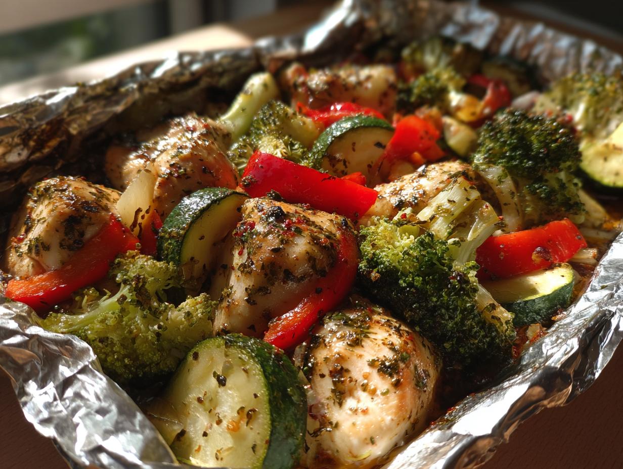 Close-up of lemon garlic chicken and veggie foil packets with broccoli, zucchini, and red bell pepper
