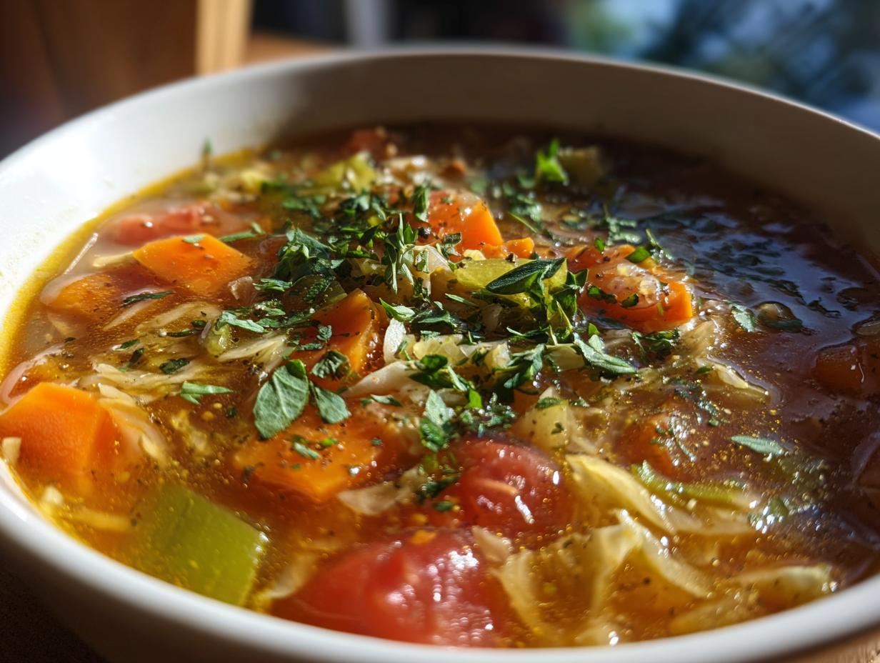 Close-up of low calorie cabbage soup with vegetables, including carrots, tomatoes, and herbs in a white bowl.
