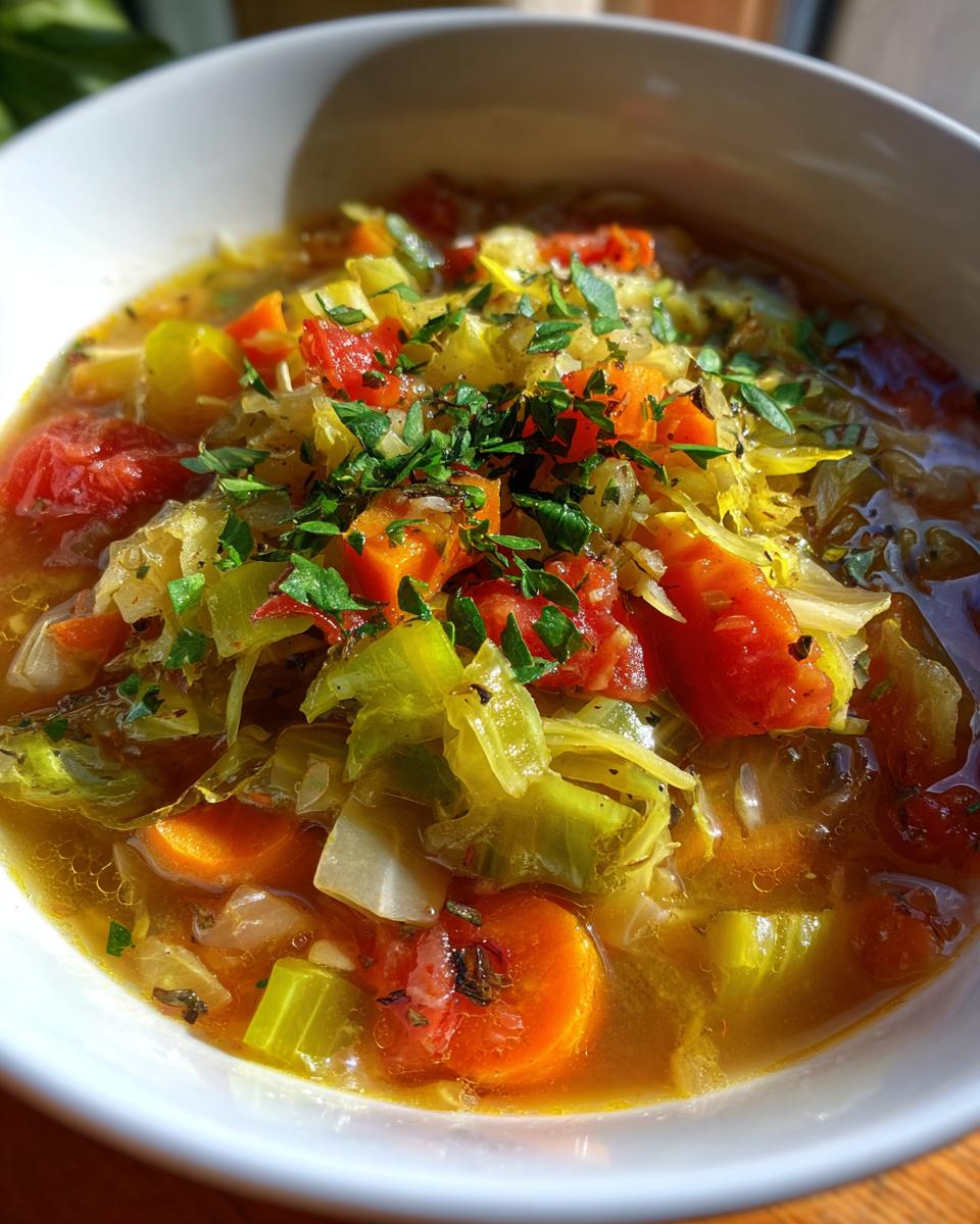 Close-up of a bowl of low calorie cabbage soup with vegetables including carrots, tomatoes, and herbs.