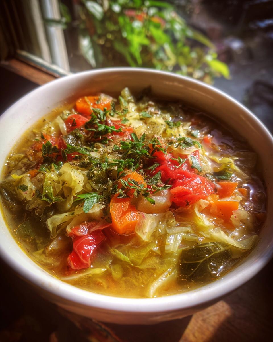 Close-up of a bowl of low calorie cabbage soup with vegetables including carrots, tomatoes, and herbs.
